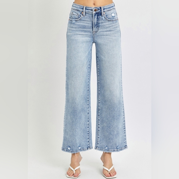 RISEN High-Rise Wide Leg Tummy Control Pants Distressed Cropped Denim Blue Jeans - Picture 8 of 15